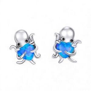 Sterling Silver Blue Heart Octopus Stud Earrings